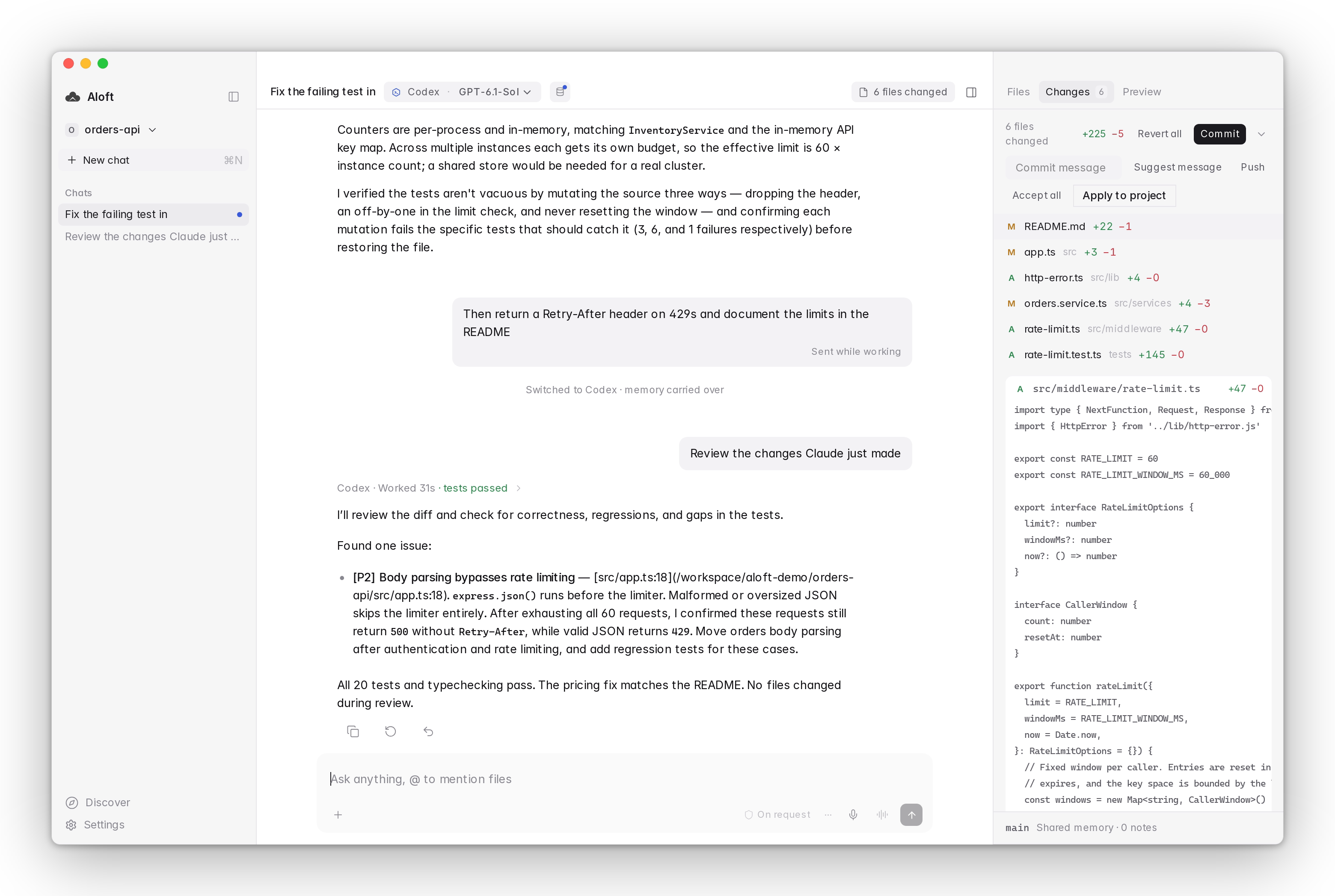 Aloft chat where Codex reviews the changes Claude just made, with the changed files listed on the right